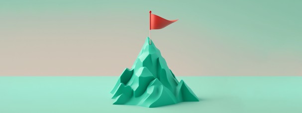Low-poly mountain with a red flag at its peak against a mint green background